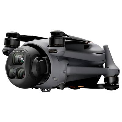 A compact, foldable, and efficient drone with a camera unit featuring multiple lenses marked 'Hasselblad.'