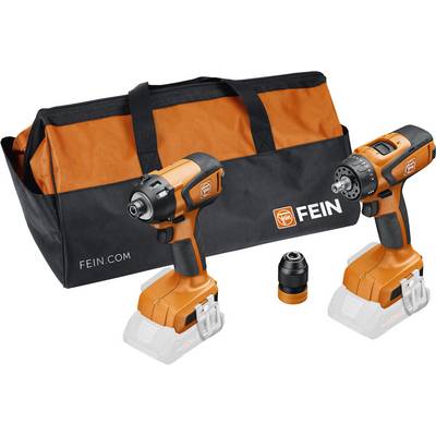 Two orange cordless power drills with interchangeable parts, alongside a black and orange carrying bag marked 'FEIN'.