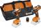 Two orange cordless power drills with interchangeable parts, alongside a black and orange carrying bag marked 'FEIN'.