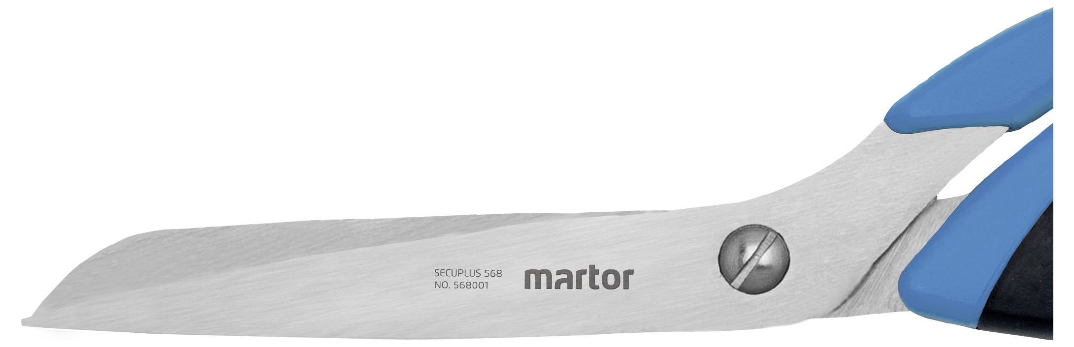 A close-up of a pair of scissors with a blue and black handle and 'martor' engraved on the metal blade.
