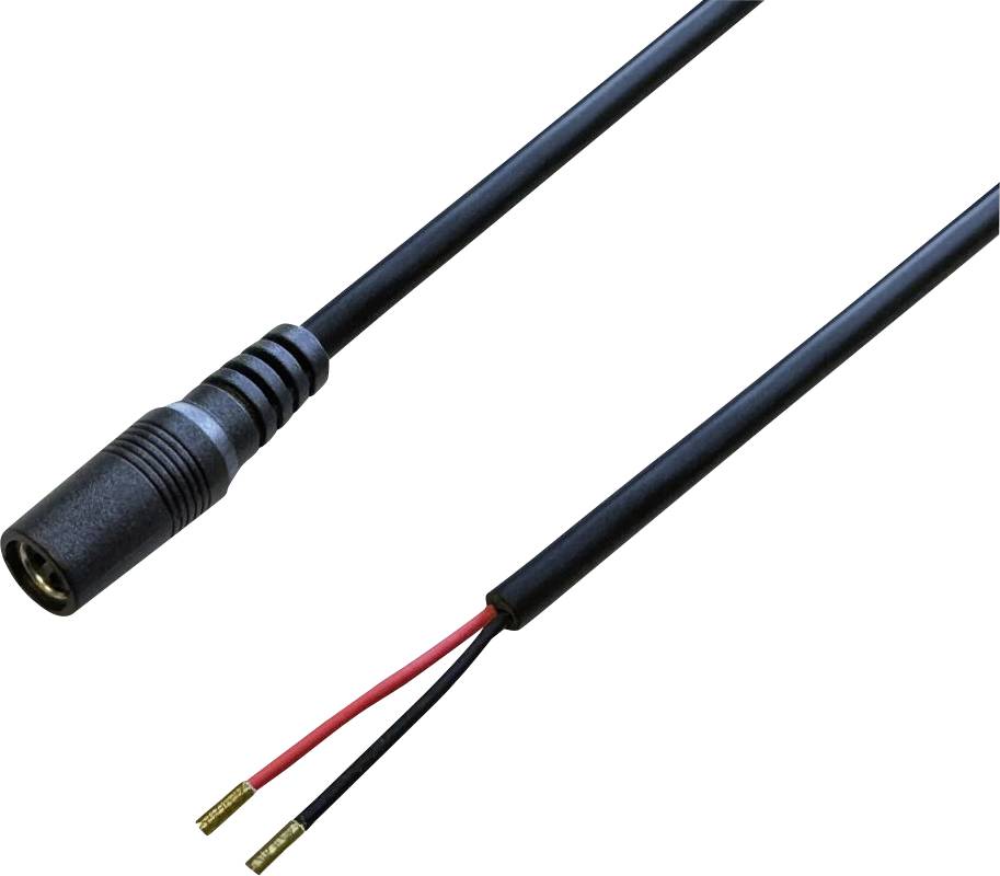 'DC power connector with a black and red wire against a white background, used for supplying power to electronic devices.'