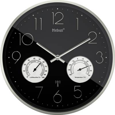Analog wall clock with a black face showing the time at approximately 10:09. Includes humidity and temperature gauges below the hands.