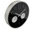 A round wall clock with a black face and silver frame, displaying time with white hands and numbers. Includes two small dials for temperature and humidity.