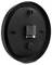 Round black wall clock, displayed from the back, shows a battery compartment and wall mounting hardware.