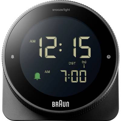 A round Braun digital alarm clock displays '12:15 AM', a green bell icon for alarms, and '7:00' for the set alarm time.
