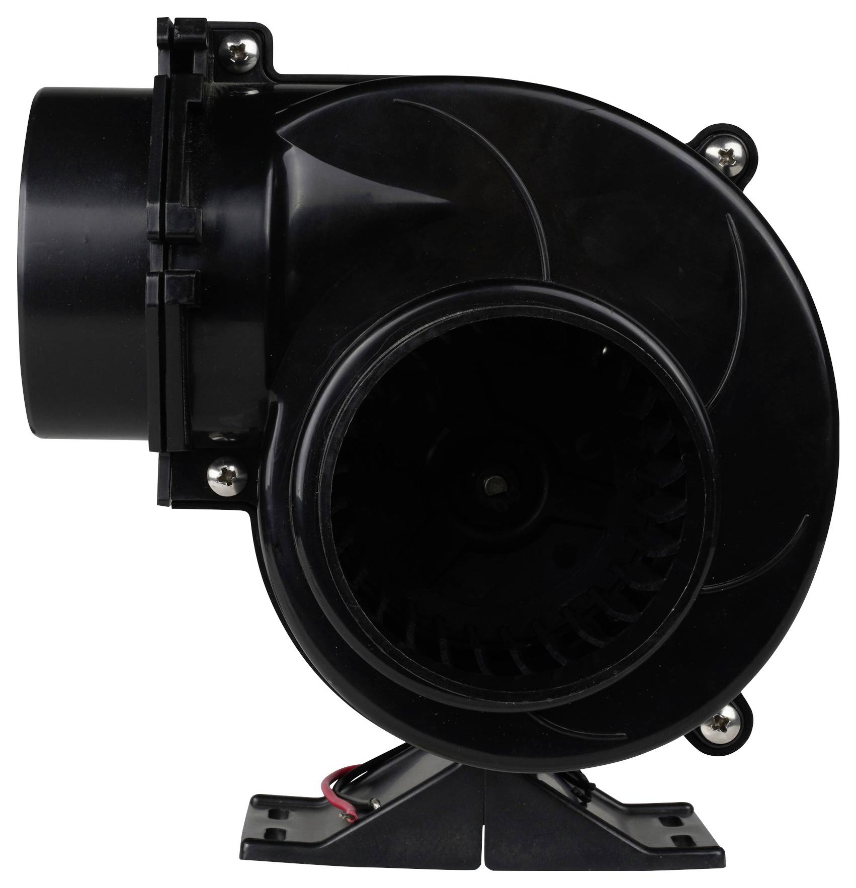 'Black blower fan motor on a stand, featuring a cylindrical design with mounting screws, used for ventilation in various applications.'