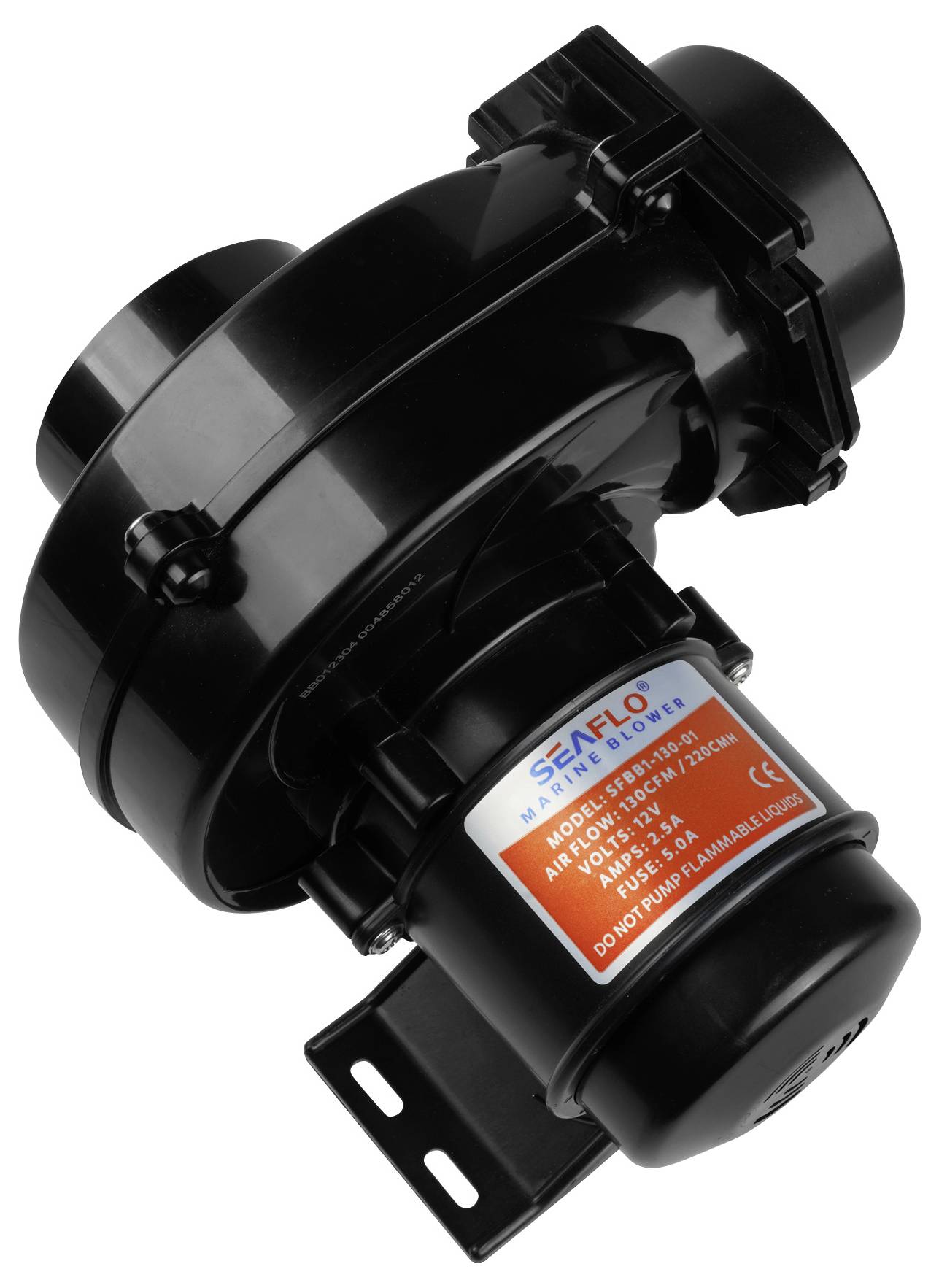 A black Senflo air blower, model BC207, with a label showing technical specifications, used for venting applications.