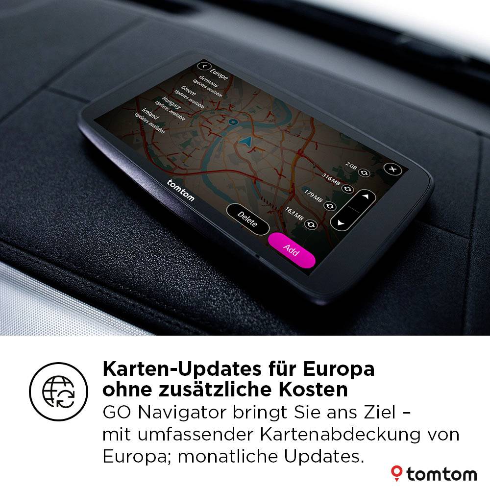 A GPS device displays a digital map with route options on a car dashboard. Text below promotes European map updates without extra cost.
