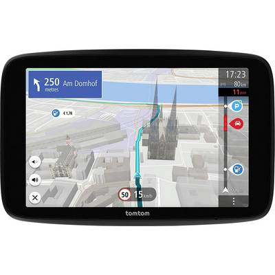 A GPS navigation screen showing a route through a city. Key information includes distance, speed, traffic alerts, and a landmark cathedral.