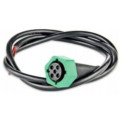 A coiled black cable with a green, hexagonal electrical connector featuring five holes, used for providing power or data connections.