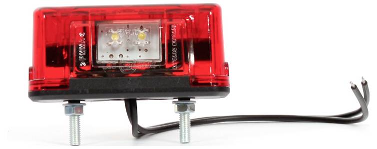 A red LED trailer light with mounting bolts and two wires, suitable for attaching to vehicles.