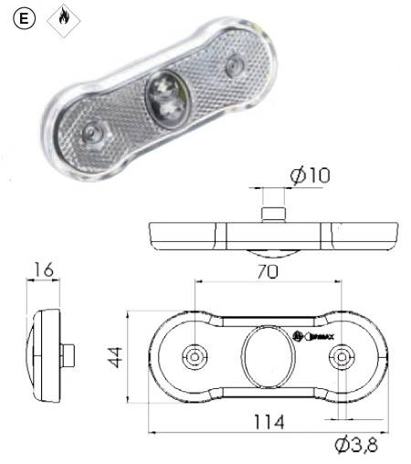 'Omex' marker lamp diagram with dimensions: length 114mm, width 44mm, height 16mm, bolt size Ø3.8. Features one central bulb.