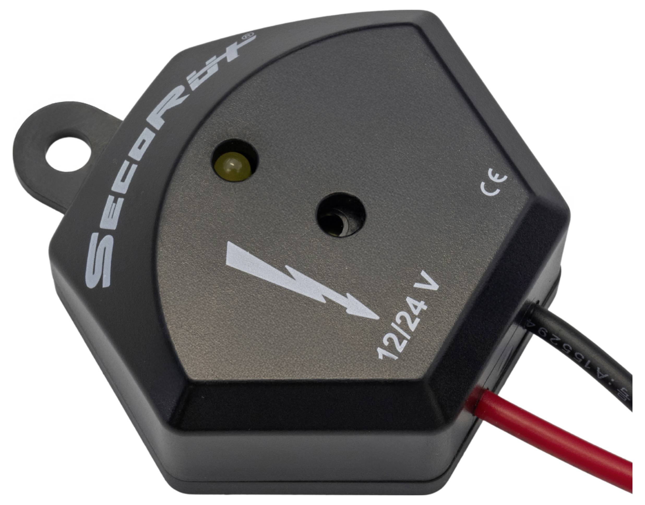 A black SecoRüt device with two wires, labeled '12/24 V' and displaying a lightning bolt symbol, used for voltage conversion or protection.