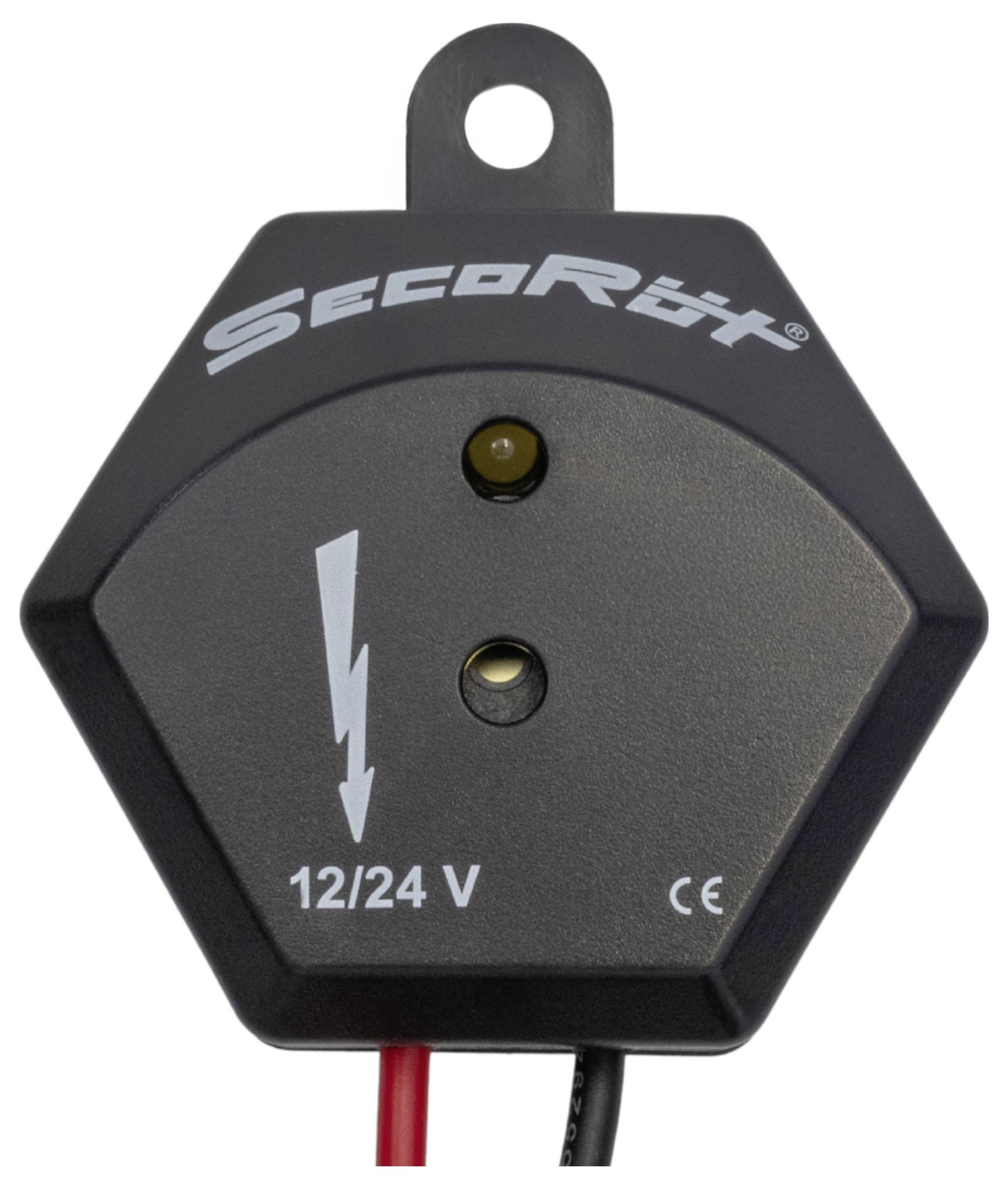'SecoRüt 12/24 V device with two circular indicators and a lightning bolt symbol on a hexagonal black casing. CE marked.'