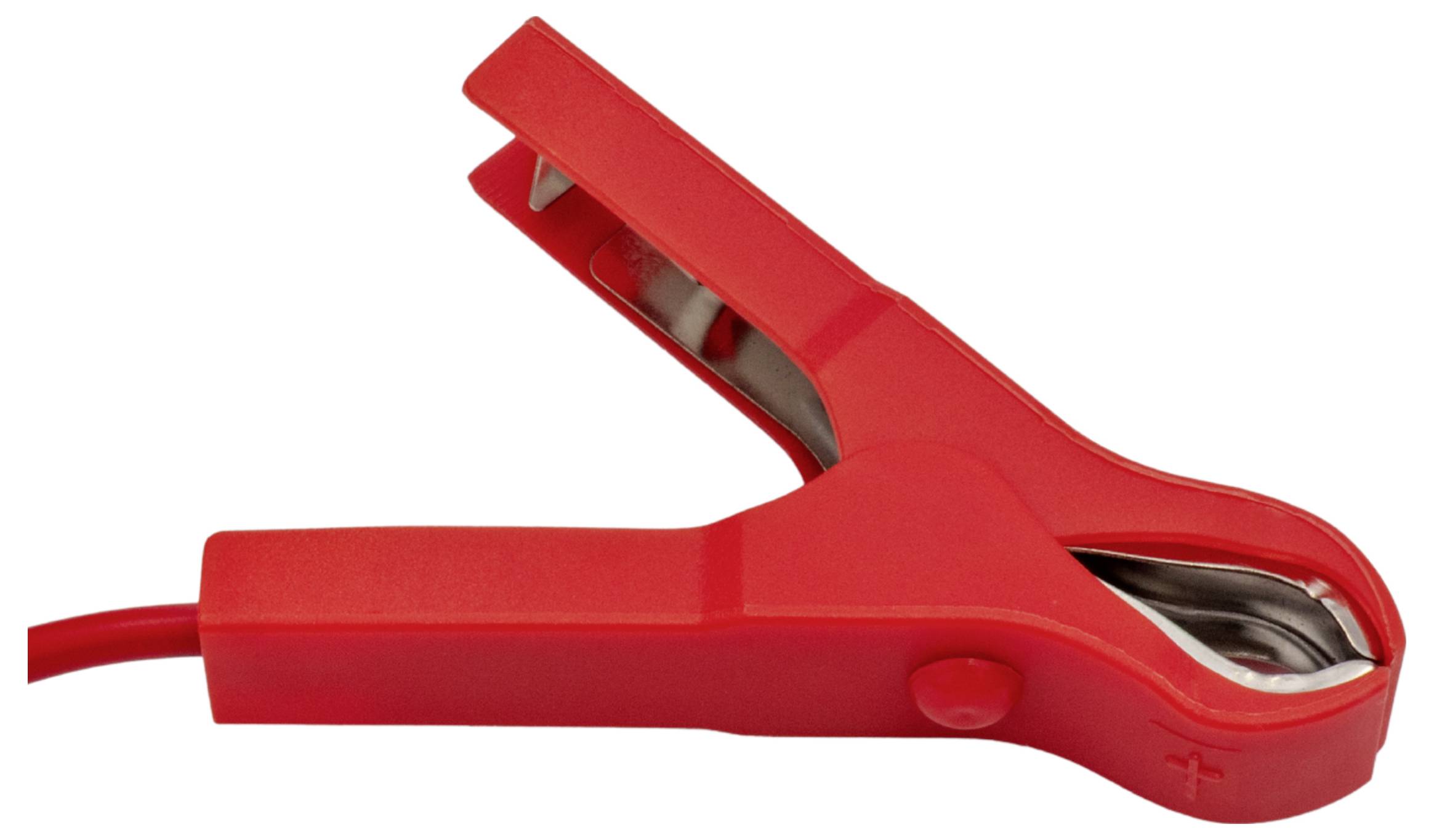 A red alligator clip open and ready to attach, showing the metal teeth inside, often used for electrical connections.
