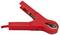 A red alligator clip open and ready to attach, showing the metal teeth inside, often used for electrical connections.