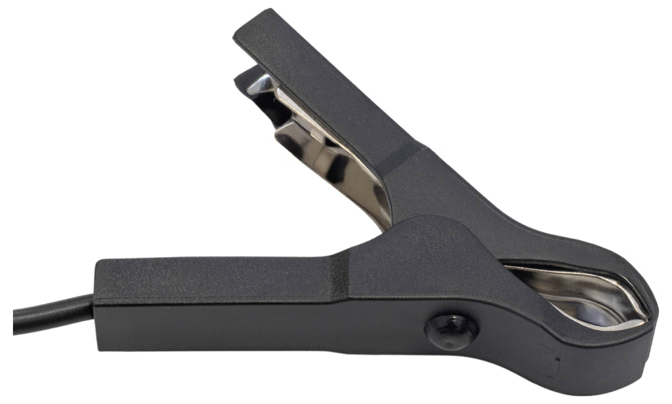 A close-up of a black alligator clip, often used for electrical connections, showing its textured jaws and attached wire.