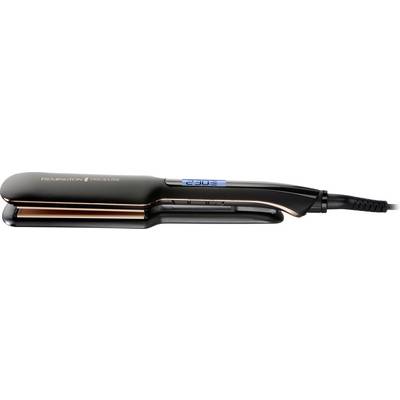 A close-up of a black and copper hair straightener with an LED display showing '230°C', connected by a cord.