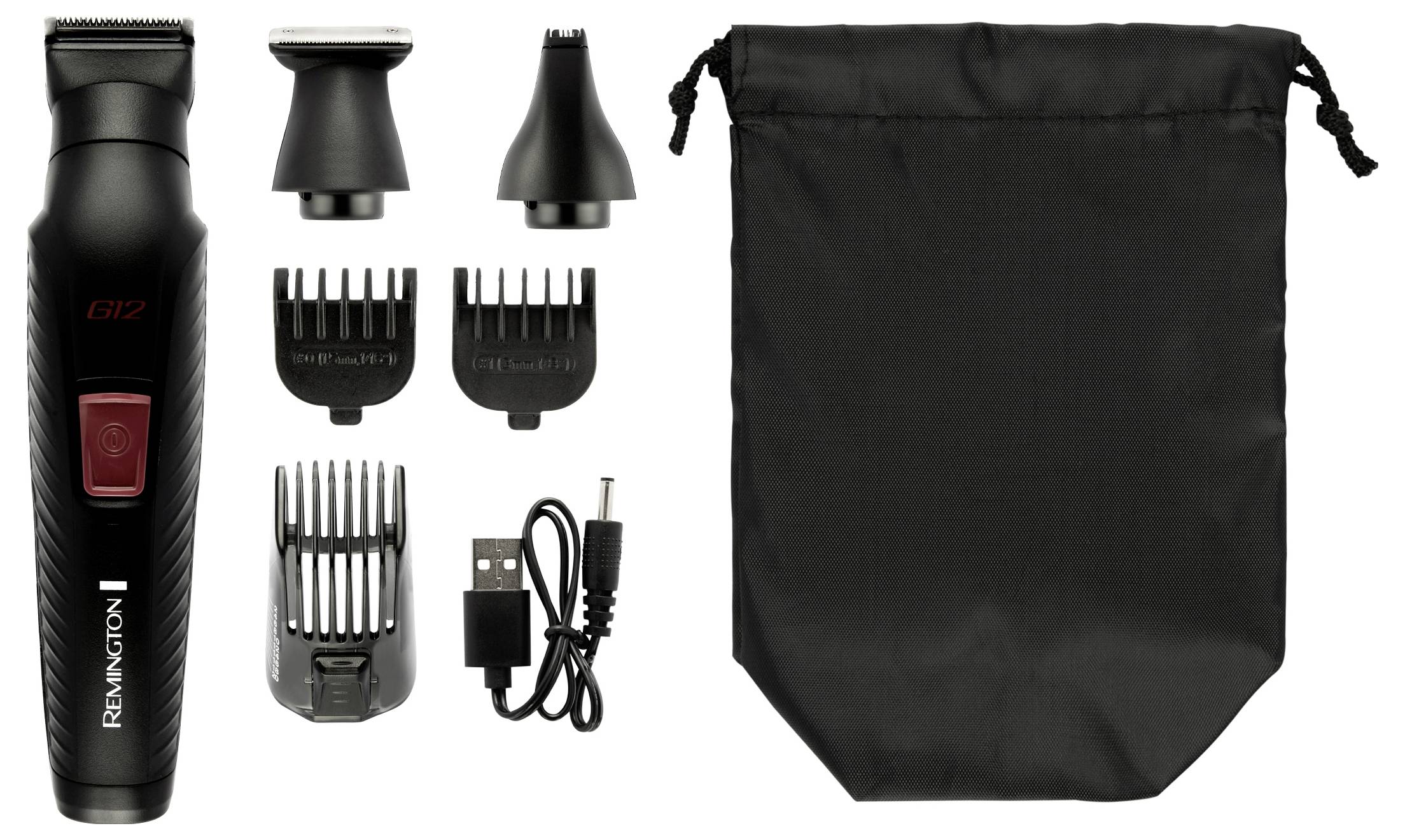 Beard trimmer set with multiple attachments, cleaning brush, USB charging cable, and storage pouch.