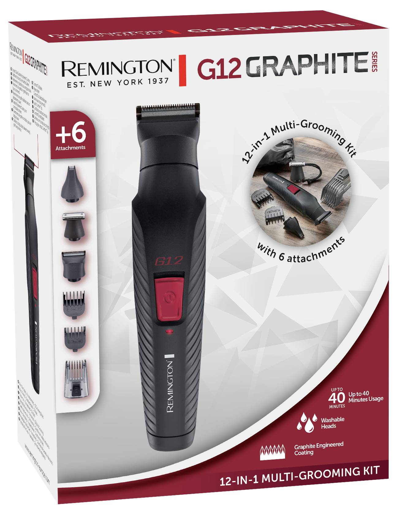 'Remington G12 Graphite Series 12-in-1 Multi-Grooming Kit' shown with trimmer and six attachments, offering up to 40 mins of use.