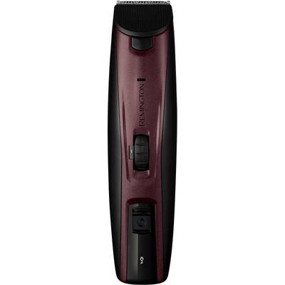 A red and black electric beard trimmer with adjustable settings and power button on the front.