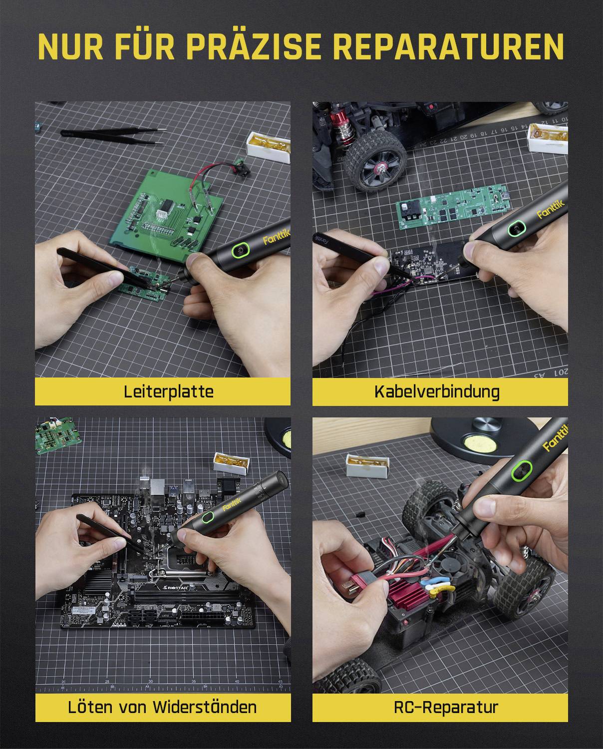 'Nur für präzise Reparaturen' with images showing precise electronics work: circuit boards, cable connections, soldering, RC repair.