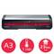 A silver and red laminator labeled 'Series 4 480HS' with features: supports A3 size, heats in 1 minute, laminates A4 in 23 seconds.