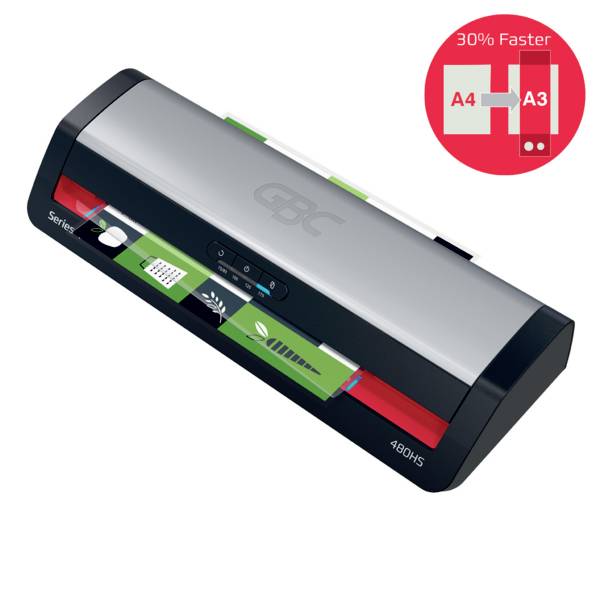 A laminator machine with documents in a slot, featuring a '30% Faster' label indicating improved speed for A4 and A3 paper sizes.