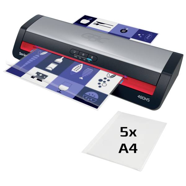 A laminator with a sheet partially inserted and another sheet exiting, displaying icons like a cup and utensils. A label reads '5x A4'.