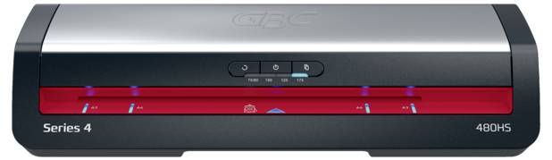 A black and silver laminator, labeled 'Series 4' and '480HS', features a sleek design with control buttons on top and a red front panel.