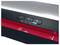 A close-up of a sleek black and silver laminator with red accents, featuring buttons for temperature settings and a power indicator.