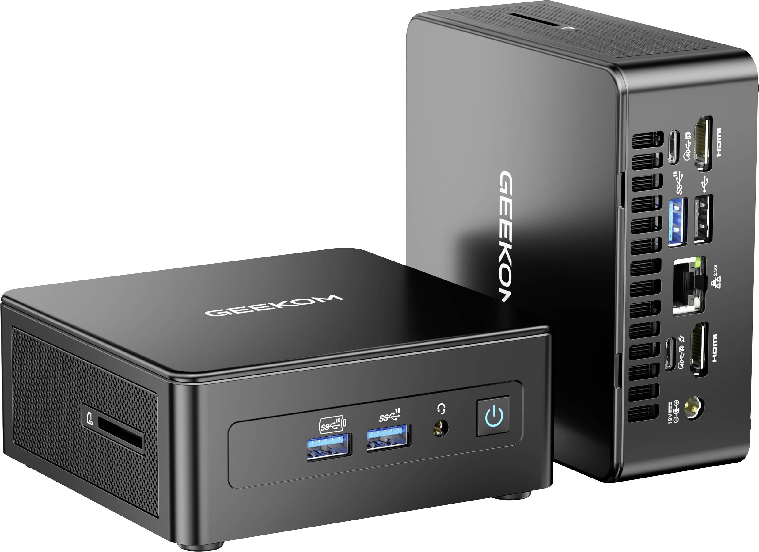 A compact black mini PC with 'GEEKOM' branding on top, featuring front USB ports and headphone jack. A vertical docking station with multiple rear ports is shown beside it.