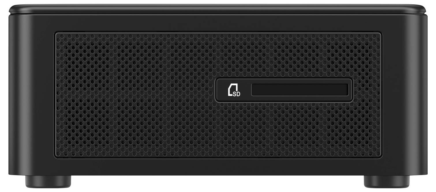 A black electronic device featuring a front-facing SD card slot, with a perforated grille design for ventilation.