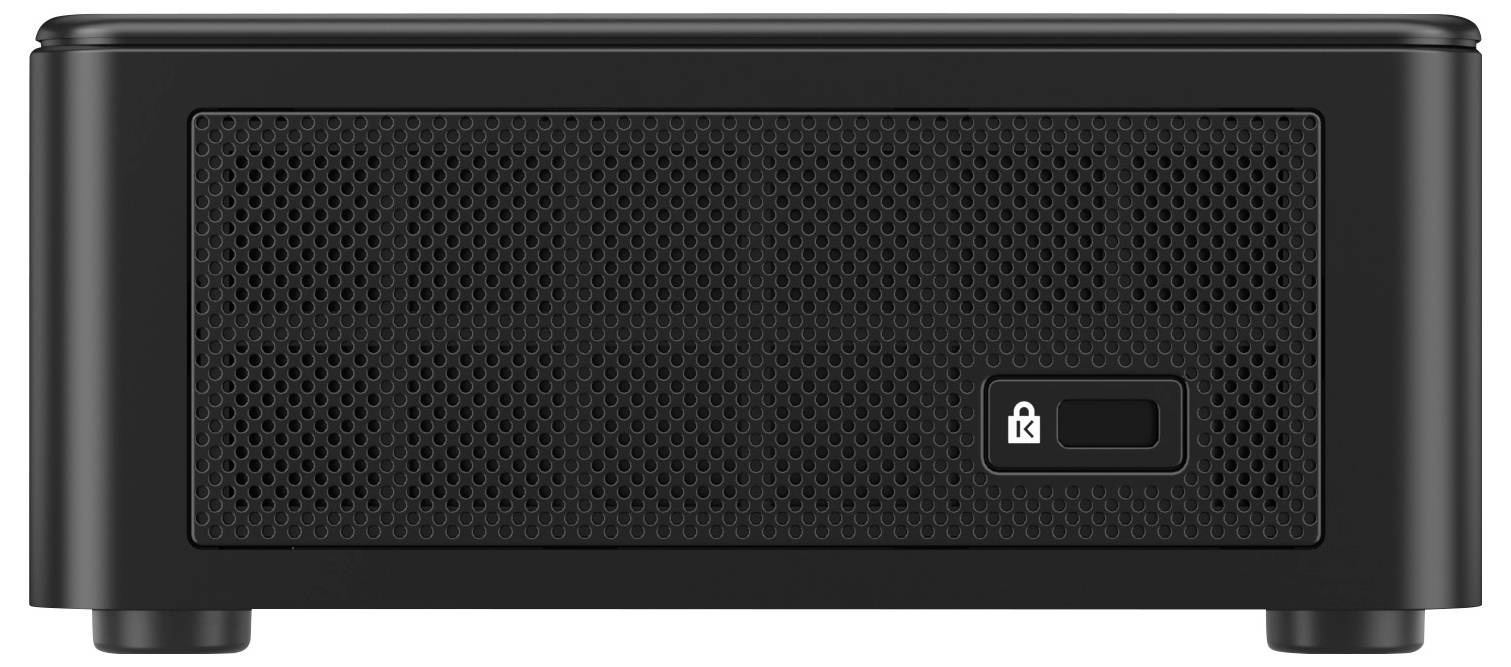 A black electronic device with a perforated front panel and a lock symbol button, possibly indicating security features or restricted access.