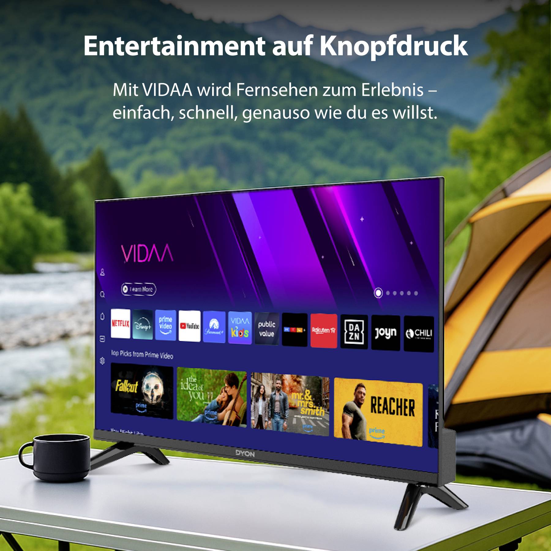 'A TV next to a camping scene displays a streaming service interface with various apps and shows, emphasizing on-demand entertainment.'