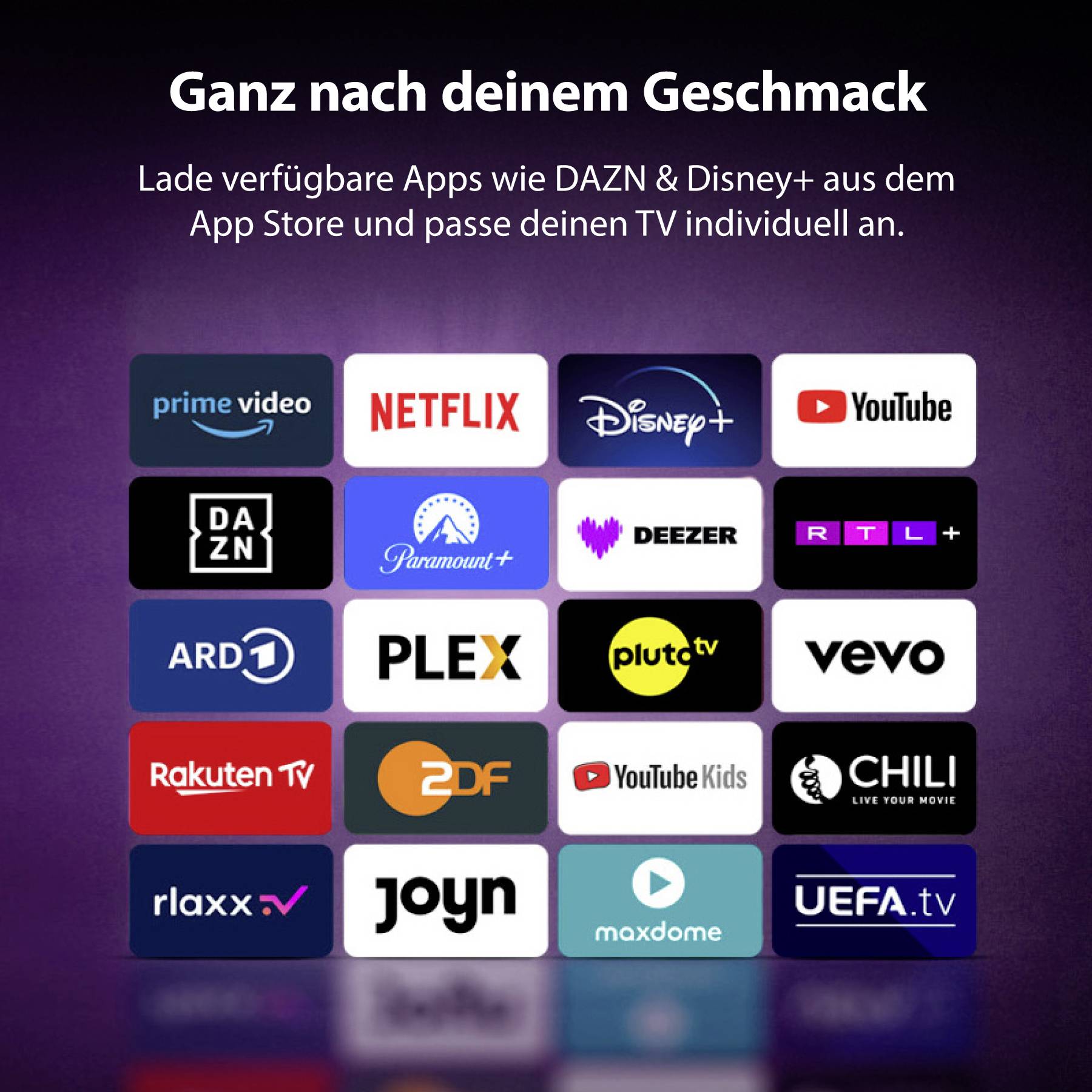 Icons of various streaming services like Prime Video, Netflix, Disney+, and YouTube are displayed, suggesting app availability and customization.