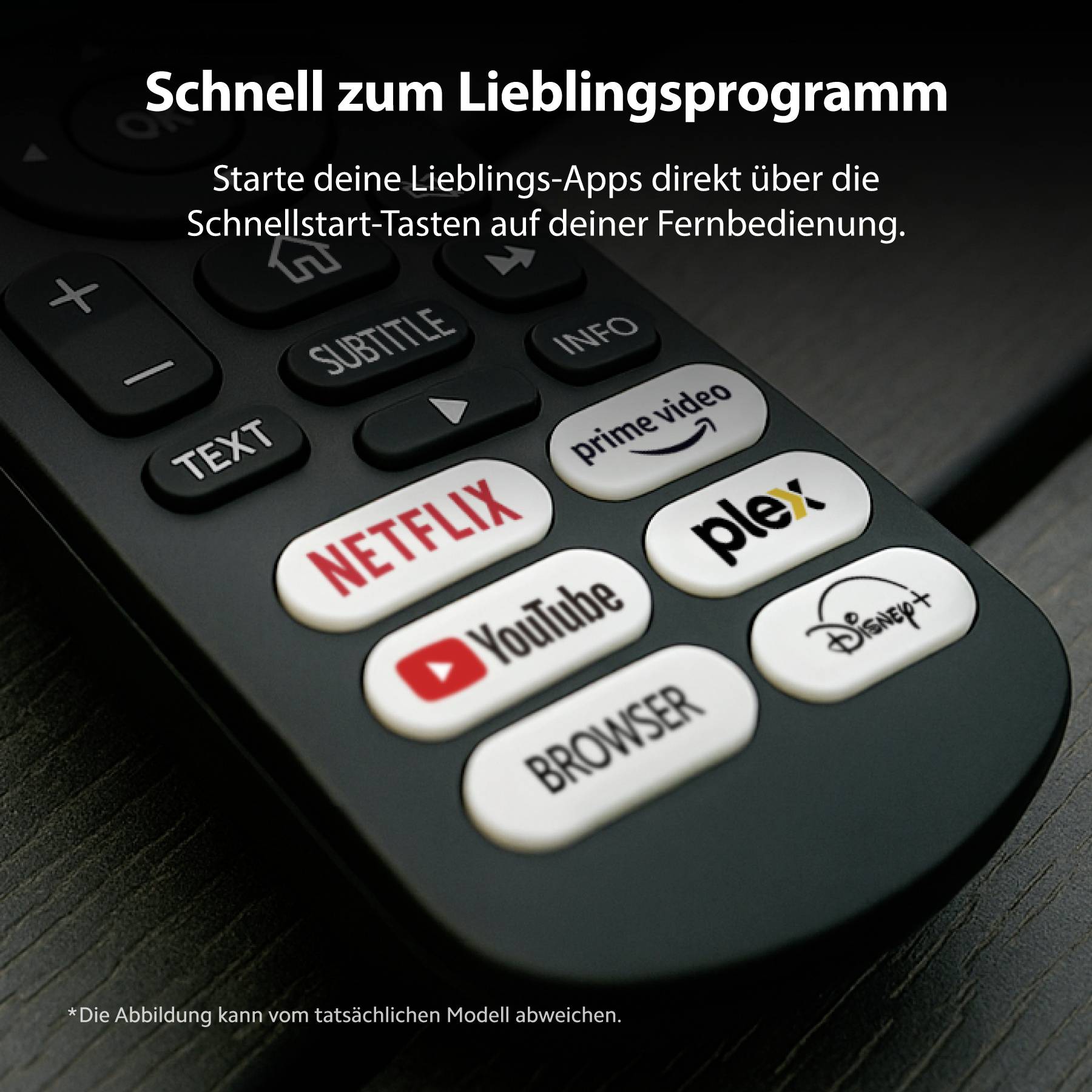 A remote control showing streaming service buttons like Netflix, Prime Video, and YouTube for quick access to favorite apps.