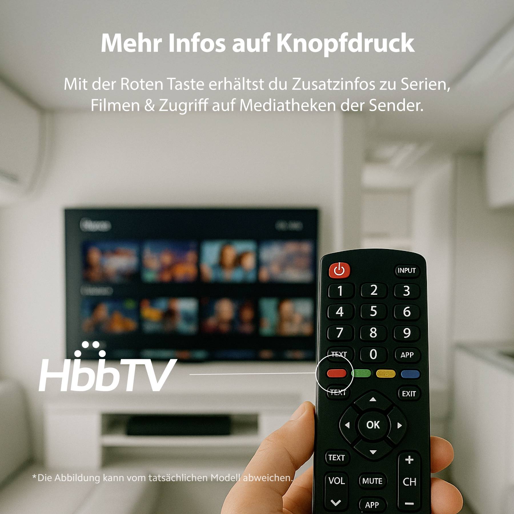 'A hand holding a remote control in front of a TV screen; the screen displays various thumbnails. Text at the top reads: Mehr Infos auf Knopfdruck.'