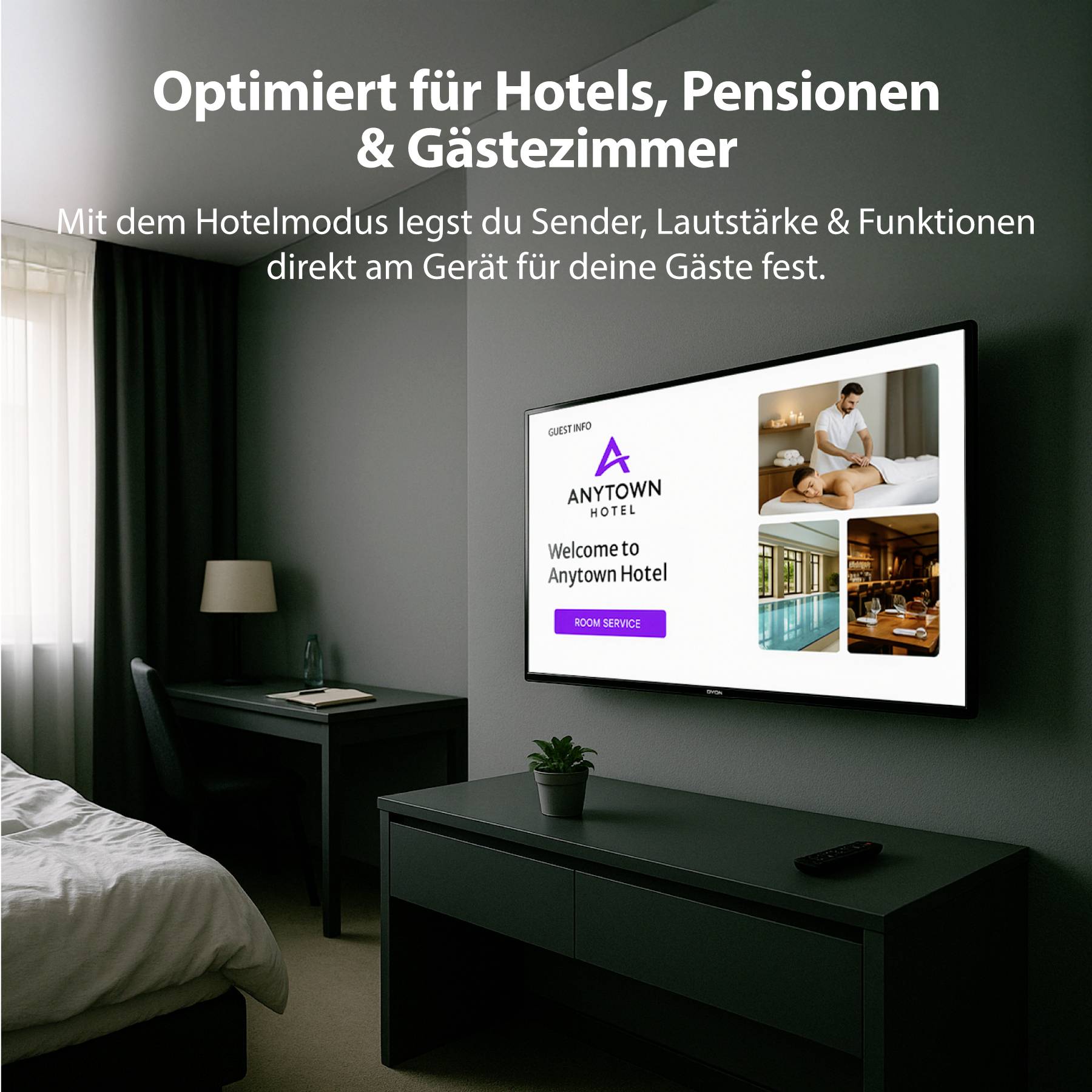 A hotel room with a wall-mounted TV displaying a welcome screen for 'Anytown Hotel,' featuring guestroom optimization features. A desk and bed are visible.