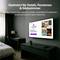 A hotel room with a wall-mounted TV displaying a welcome screen for 'Anytown Hotel,' featuring guestroom optimization features. A desk and bed are visible.