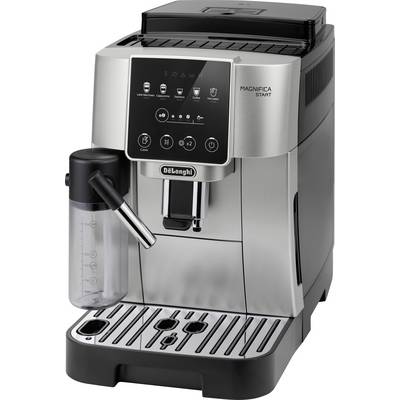 A silver DeLonghi Magnifica Start espresso machine with a front control panel, milk frother, and drip tray.