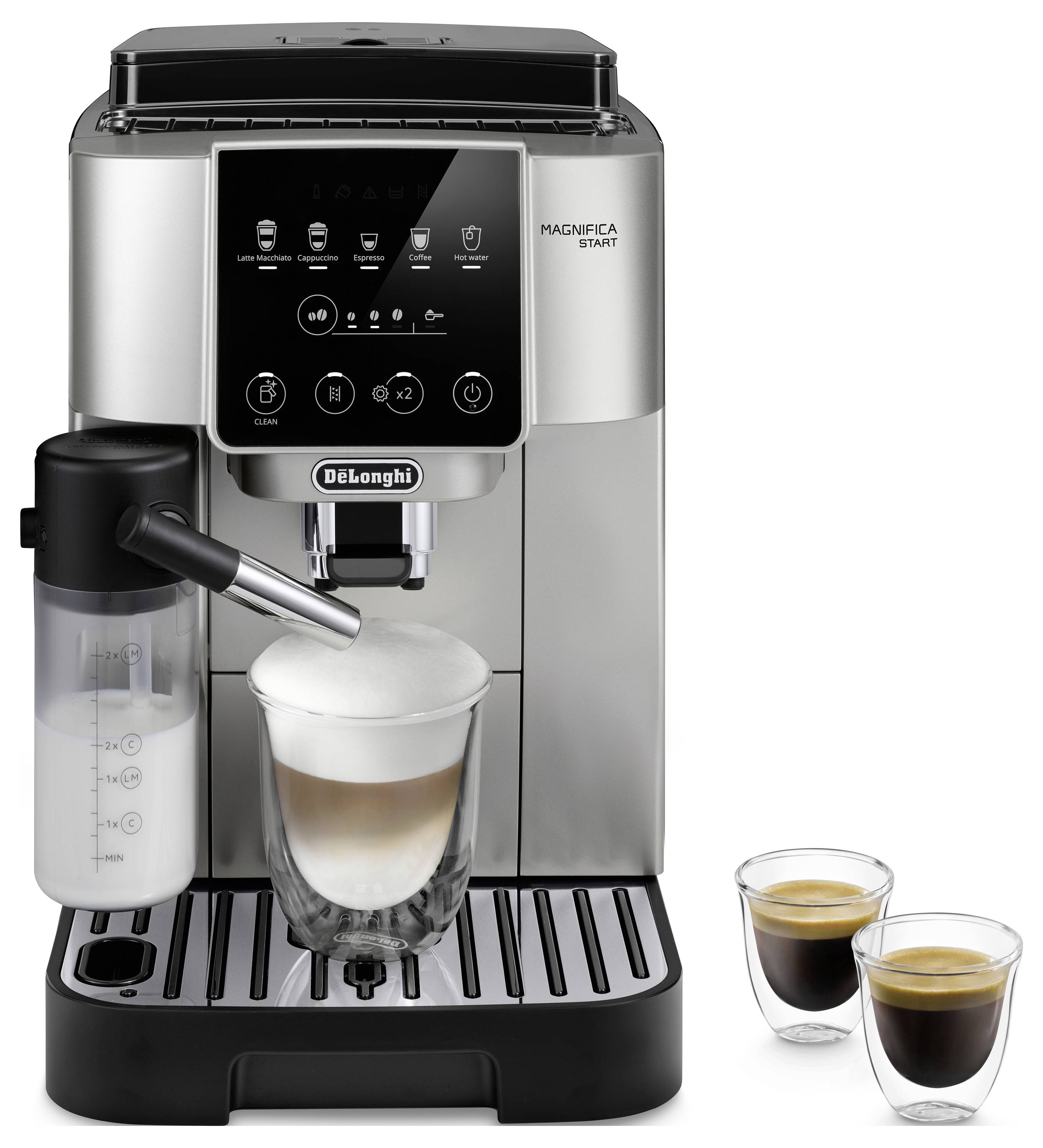 Automatic espresso machine with milk frother making a cappuccino, two finished espresso shots in double-walled glasses beside it.