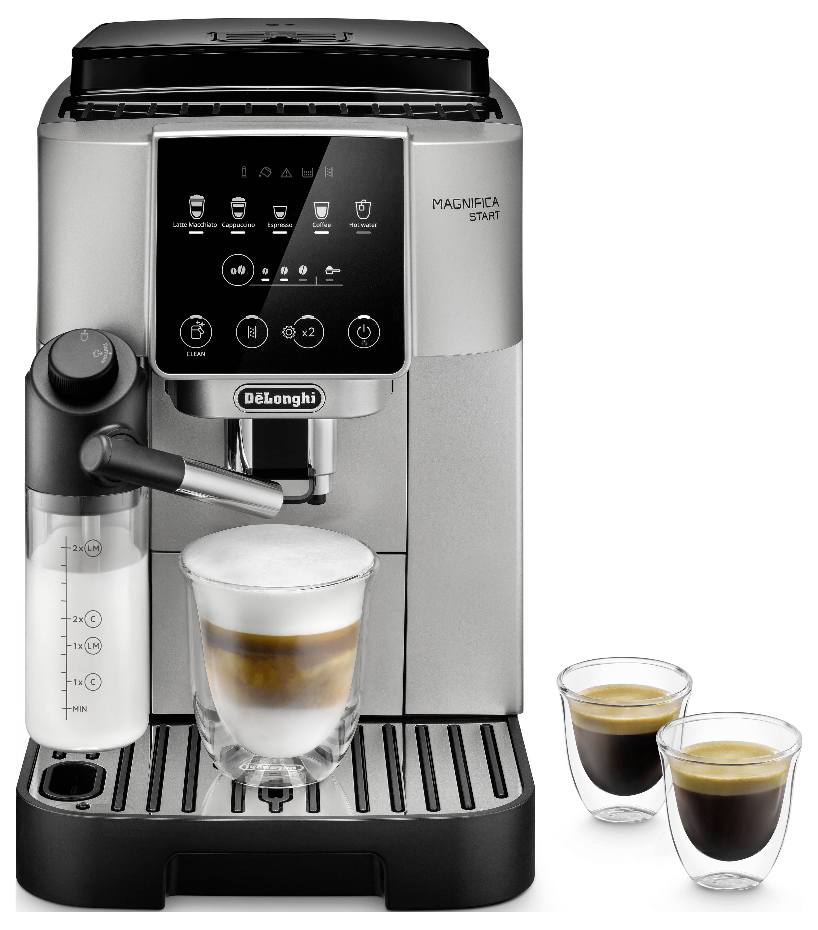 'Espresso machine with frothing pitcher making cappuccino, two espresso shots in glasses beside, DeLonghi brand model Magnifica Start.'