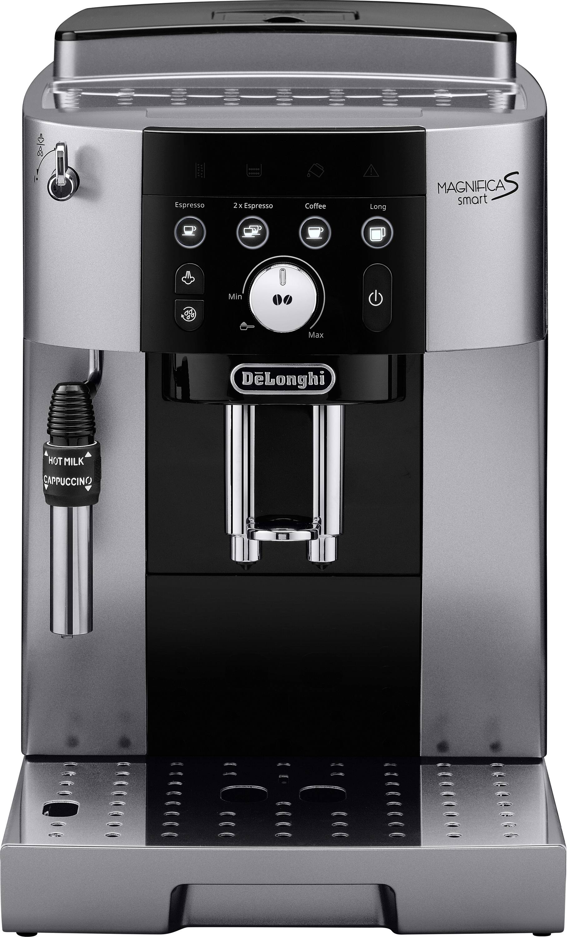 Espresso machine with control panel displaying various coffee options and a milk frothing wand, branded 'DeLonghi Magnifica S'.