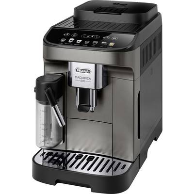 A stainless steel espresso machine with buttons on top, featuring a milk frother on the side and a drip tray at the bottom.