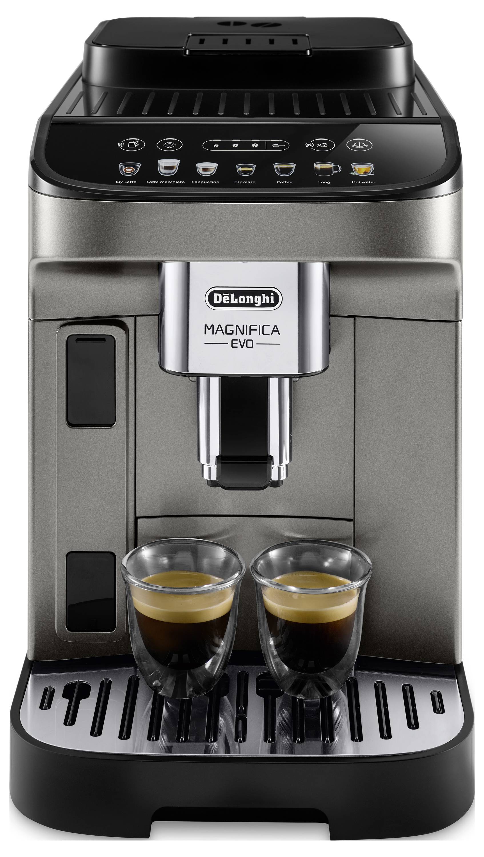 Espresso machine brewing two cups of coffee.