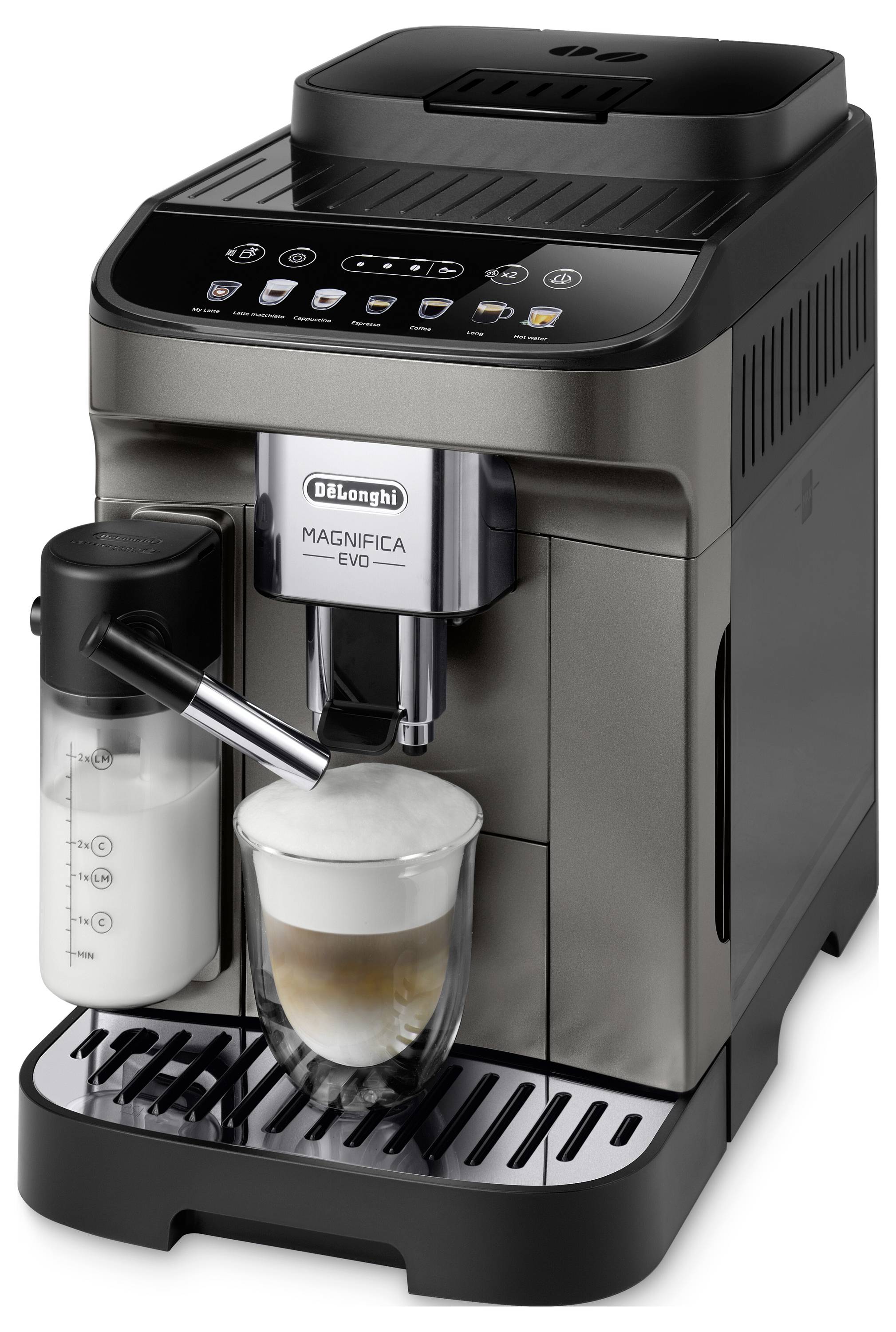 A De'Longhi Magnifica EVO coffee machine with a milk frother attachment. A glass below dispenses a layered cappuccino with foam.