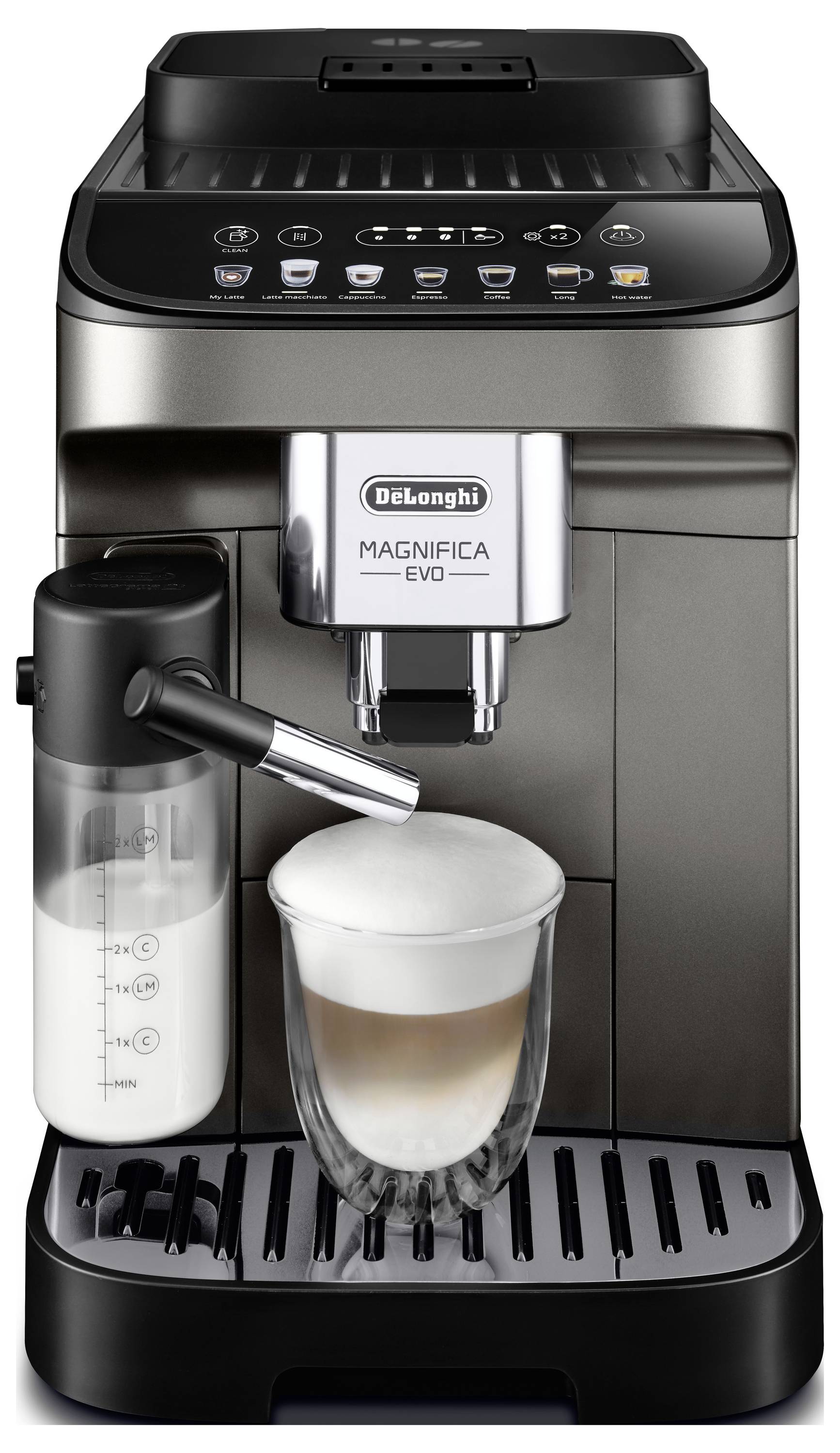 Espresso machine with milk frother and digital controls on top. A glass beneath spout holds a layered coffee drink with frothy milk.