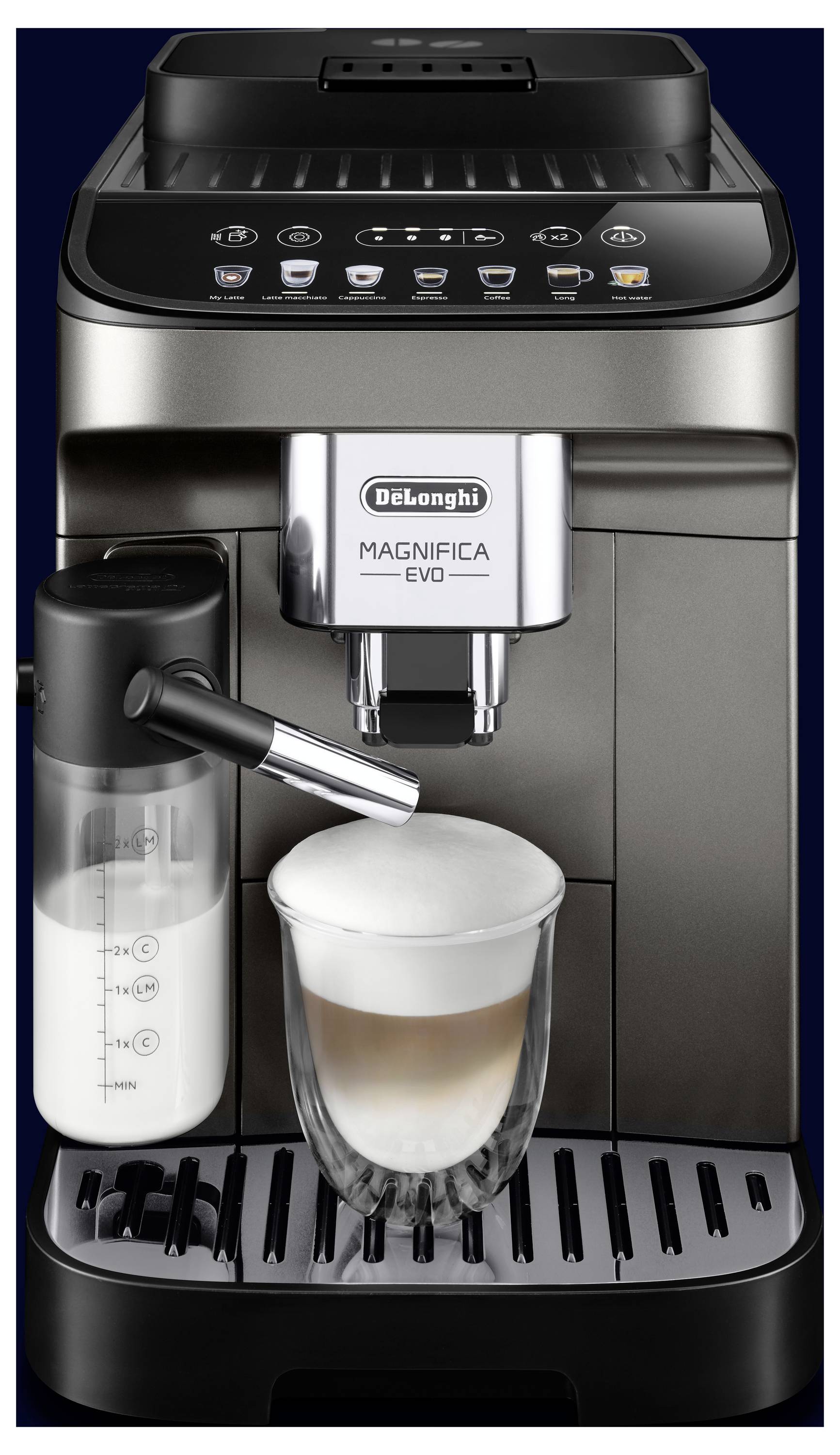 A DeLonghi Magnifica Evo espresso machine dispensing a milk froth-topped coffee into a glass.