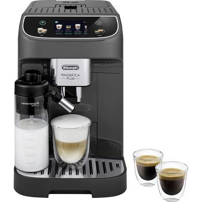 A black coffee machine with a glass of cappuccino being prepared. Two additional small coffee cups are filled with black coffee beside it.